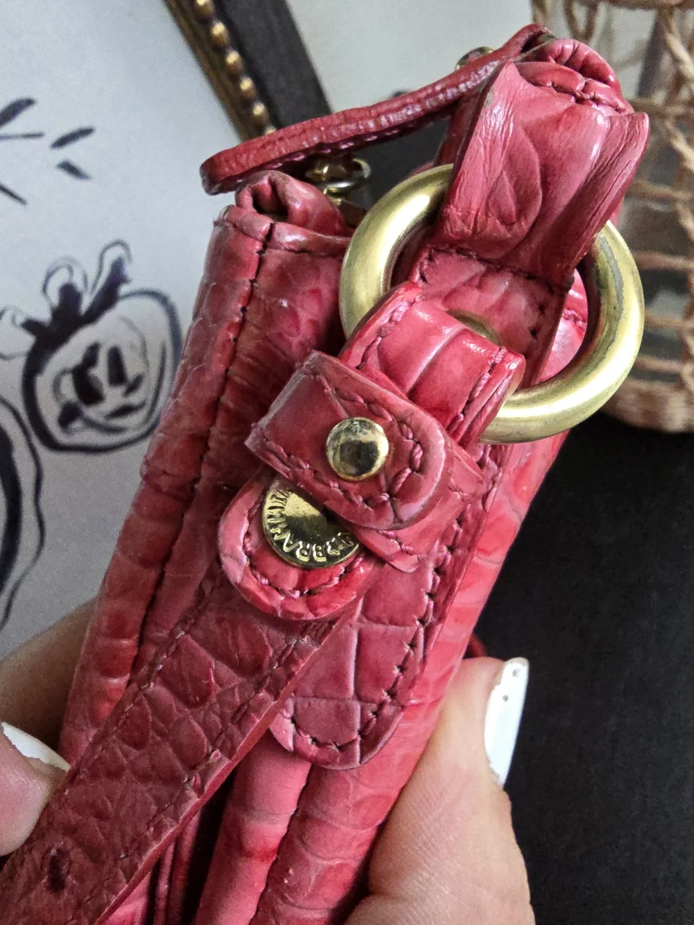 Brahmin Croc-Embossed Coral Pink Crossbody with Gold Hardware
